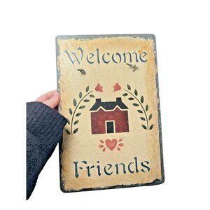 Slate Wall Hanging Plaque 'Welcome Friends' Cottage Country Cabin Leather Hanger